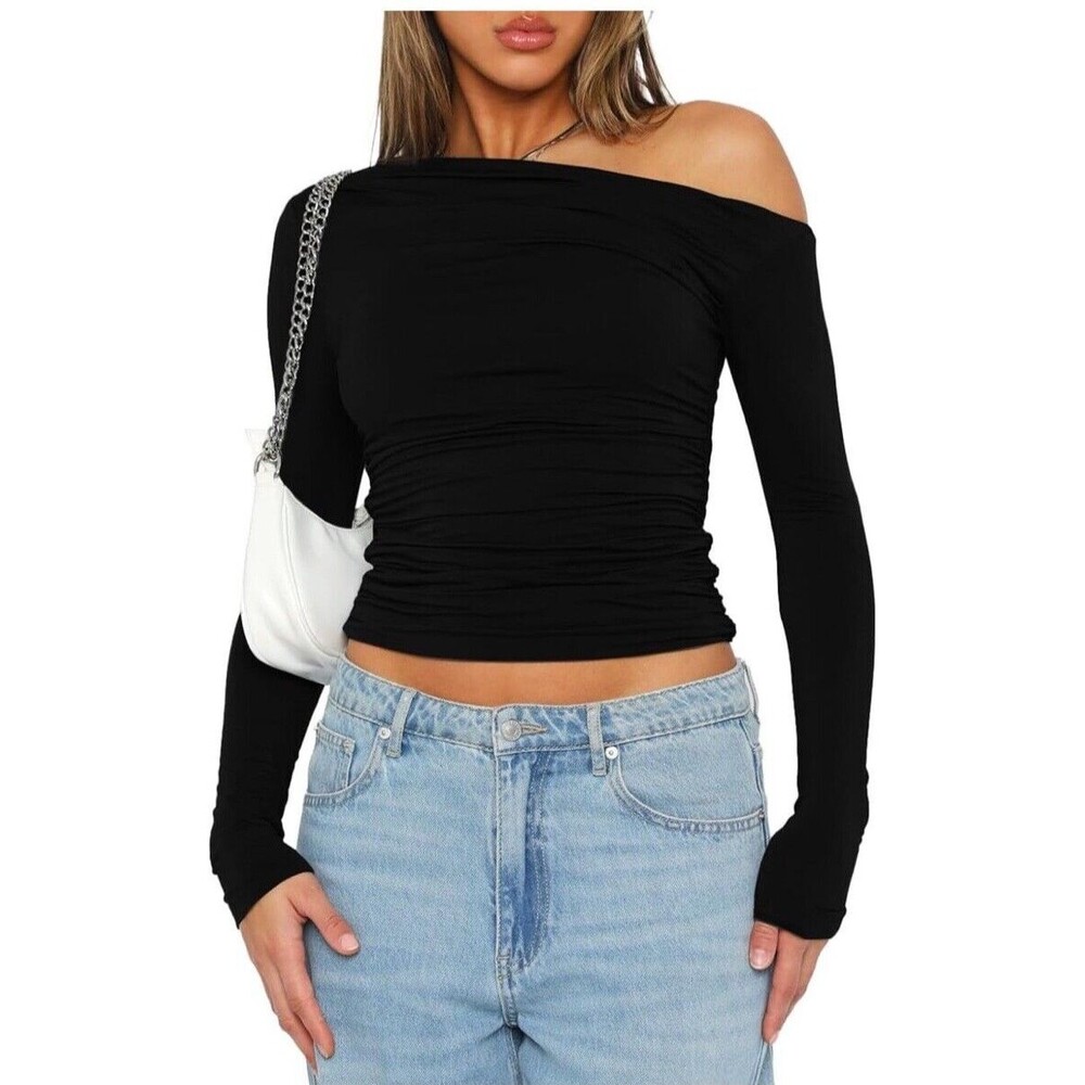 Darong Womens Long Sleeves Shirt Black Off The Shoulder Ruched Size M